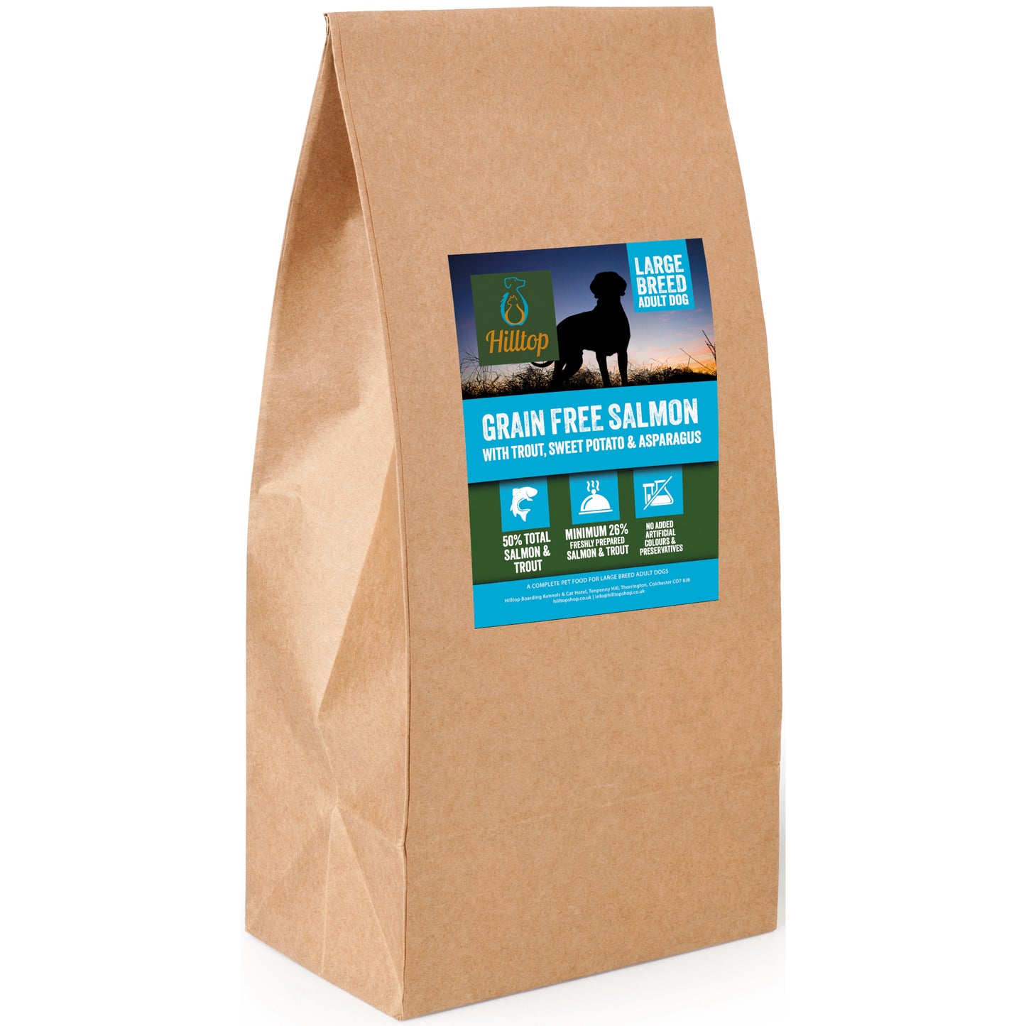 Brown bag of Hilltop Pet Food Grain Free Large Breed Adult Dog Food with salmon, trout, sweet potato & asparagus.