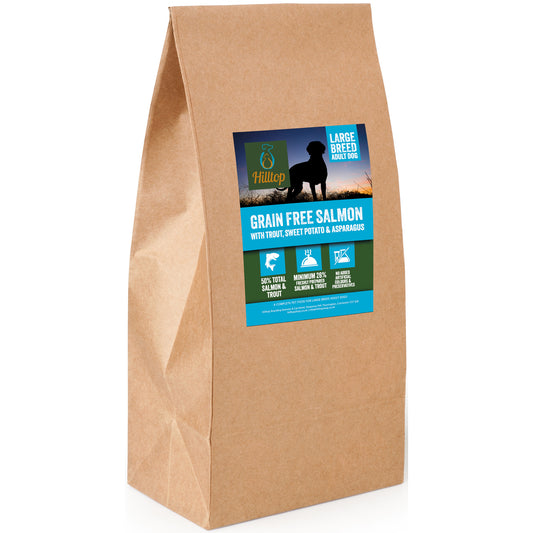 Brown bag of Hilltop Pet Food Grain Free Large Breed Adult Dog Food with salmon, trout, sweet potato & asparagus.