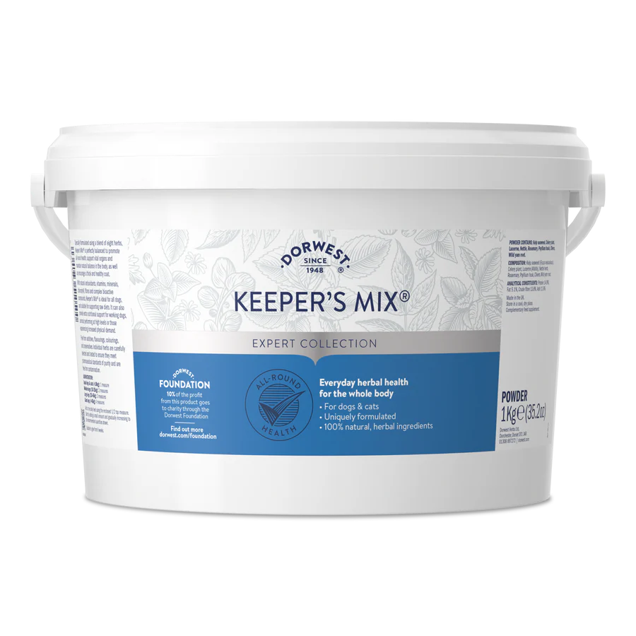 1kg white tub of Hilltop Pet Food Dorwest Keepers Mix® For Dogs And Cats, a blue-accented herbal dietary supplement.