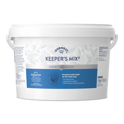 1kg white tub of Hilltop Pet Food Dorwest Keepers Mix® For Dogs And Cats, a blue-accented herbal dietary supplement.