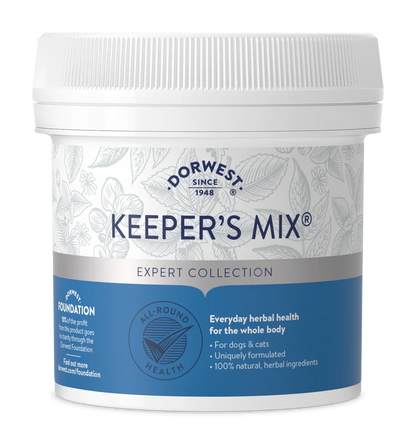 A white tub of Dorwest Keepers Mix® For Dogs And Cats by Hilltop Pet Food, with blue and silver accents.