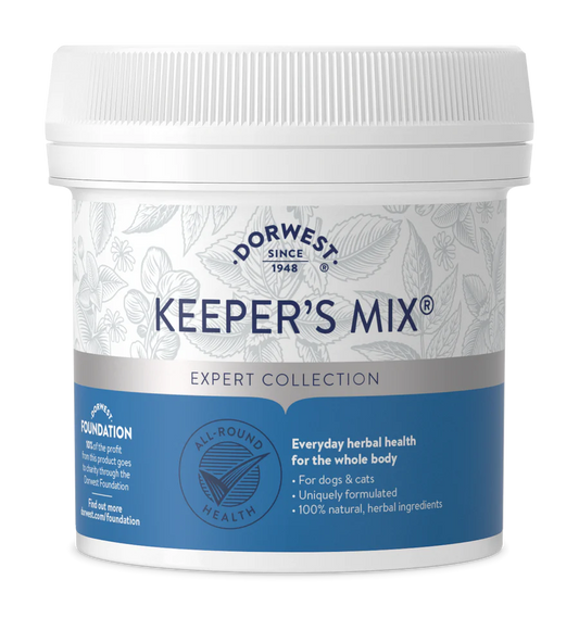 A white tub of Dorwest Keepers Mix® For Dogs And Cats by Hilltop Pet Food, with blue and silver accents.