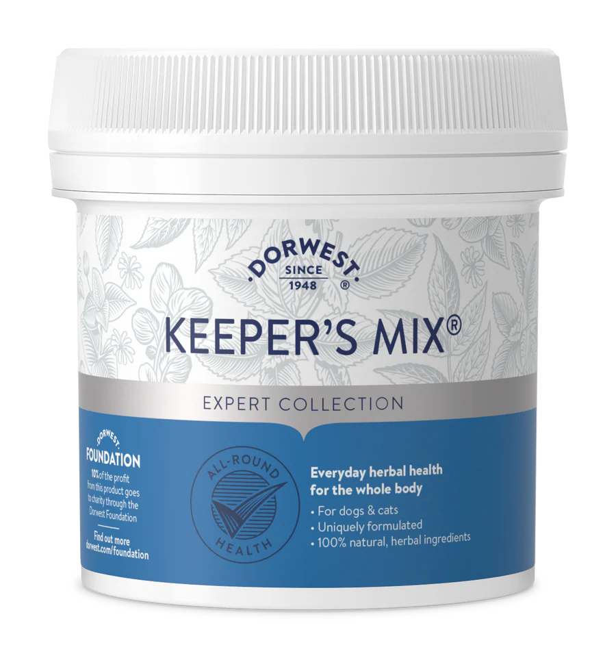 A white tub of Dorwest Keepers Mix® For Dogs And Cats by Hilltop Pet Food, with blue and silver accents.