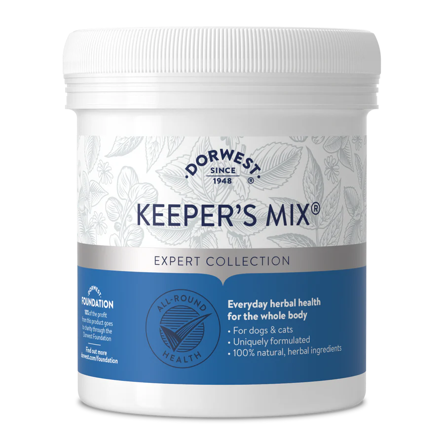 White tub of Hilltop Pet Food Dorwest Keepers Mix® For Dogs And Cats, with blue and silver accents.