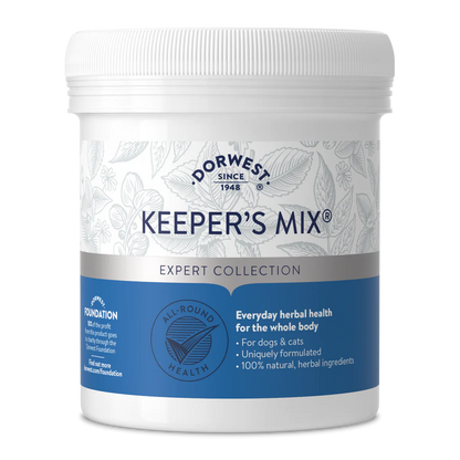 White tub of Hilltop Pet Food Dorwest Keepers Mix® For Dogs And Cats, with blue and silver accents.