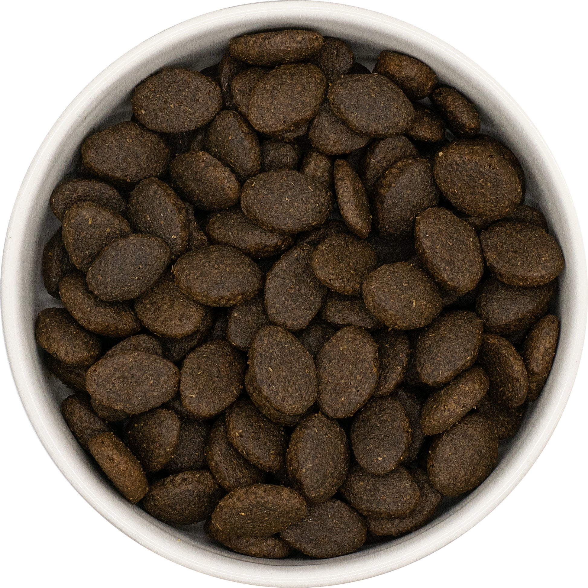 A white bowl filled with Hilltop Pet Food puppy large breed salmon with potato hypoallergenic kibble.
