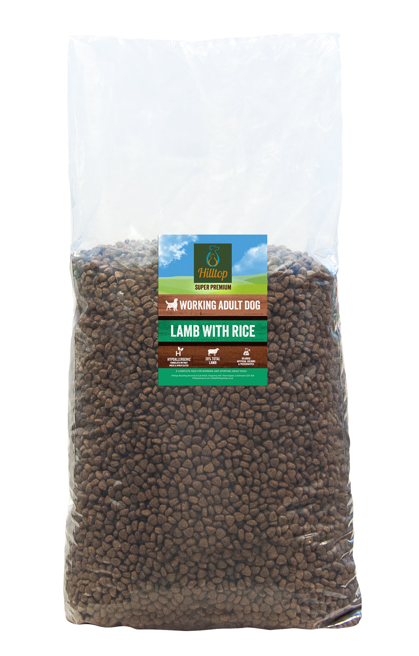 A large clear bag of Hilltop Pet Food Super Premium Adult Dog Food, Lamb & Rice, with brown kibble inside.