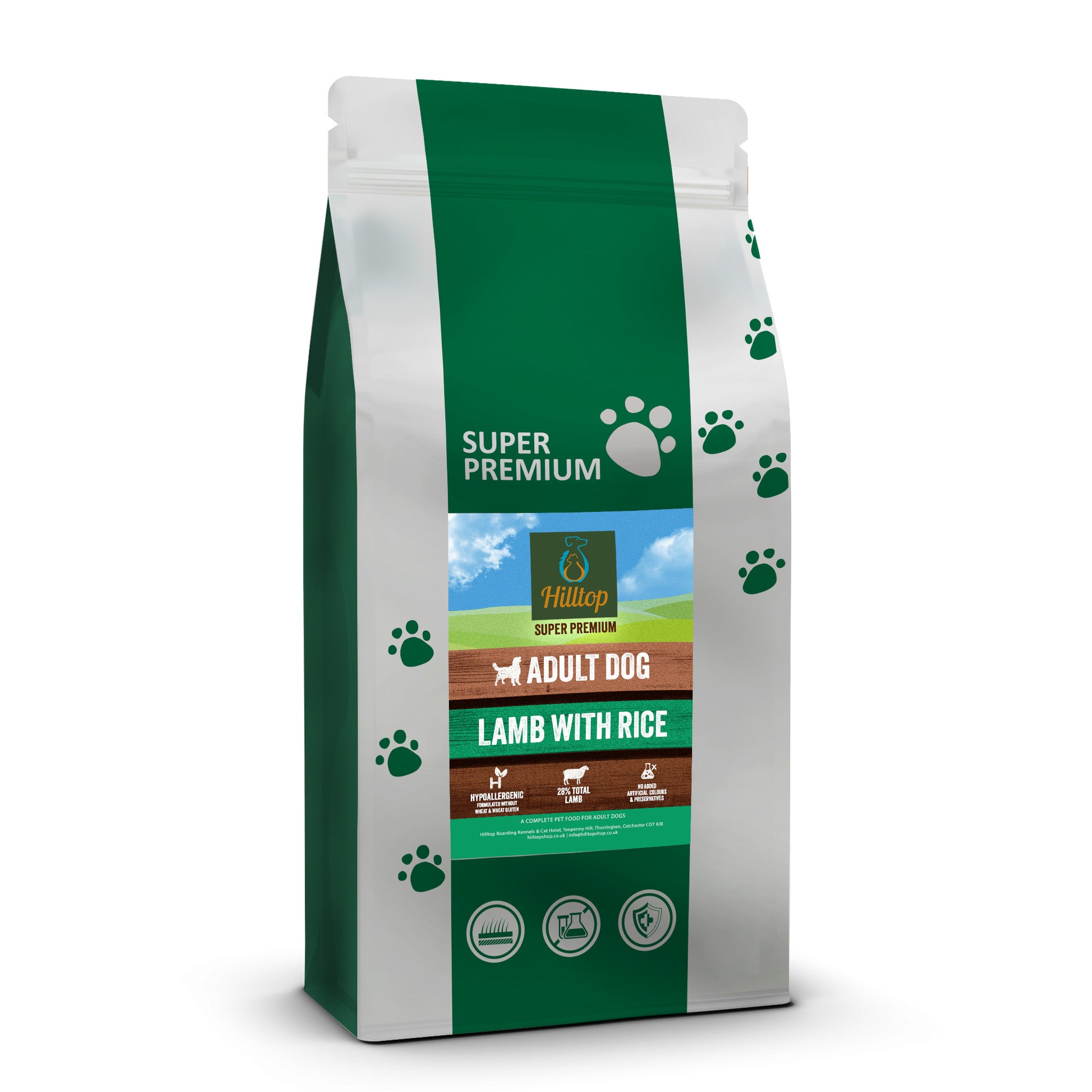 Green and white Hilltop Pet Food bag: Super Premium Adult Dog Food - Lamb & Rice, supports digestive health, paw print design.