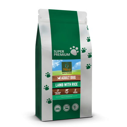 Green and white Hilltop Pet Food bag: Super Premium Adult Dog Food - Lamb & Rice, supports digestive health, paw print design.