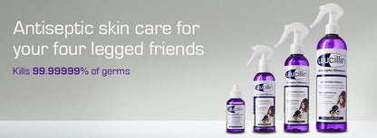 Four bottles of Hilltop Pet Food Leucillin Animal Antiseptic Skincare, safe for all pets and ideal for killing germs.