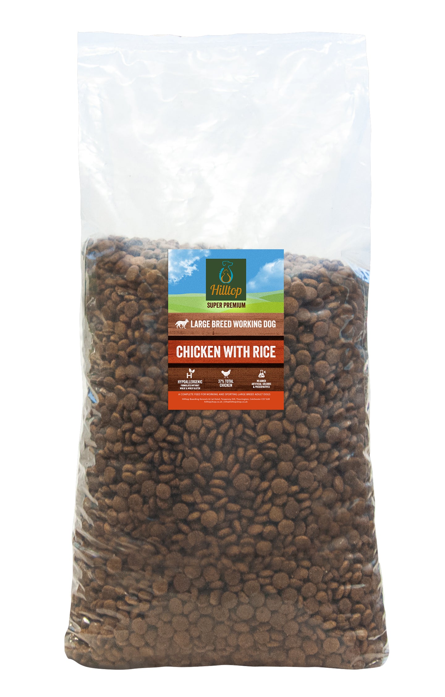 A large bag of Hilltop Pet Food Super Premium LARGE BREED Chicken & Rice dog food with joint care support.
