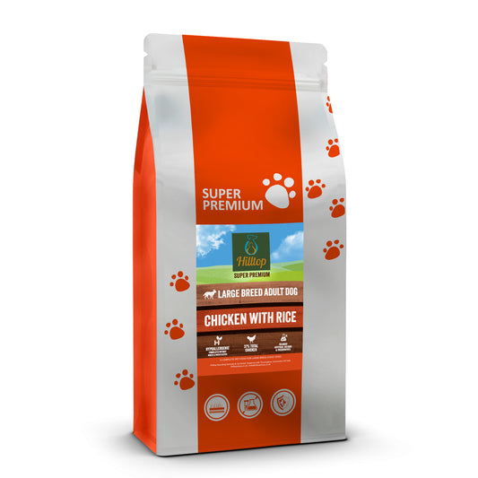 Orange and white Hilltop Super Premium Dog Food Large Breed Chicken & Rice for joint care and sensitive digestion.