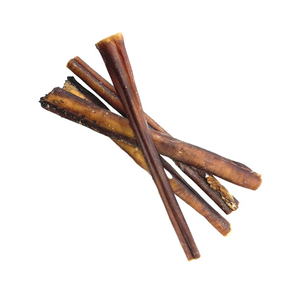 Four Hilltop Pet Food Pizzle (Bully Stick) treats arranged in a loose pile on a white background.