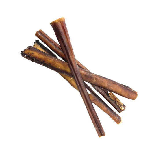 Four Hilltop Pet Food Pizzle (Bully Stick) treats arranged in a loose pile on a white background.