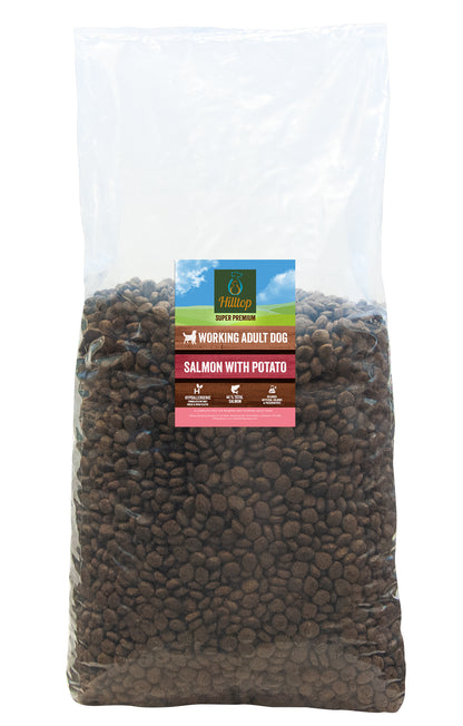 Hilltop Super Premium Adult Dog Food - Salmon & Potato is ideal for sensitive digestion in adult dogs.