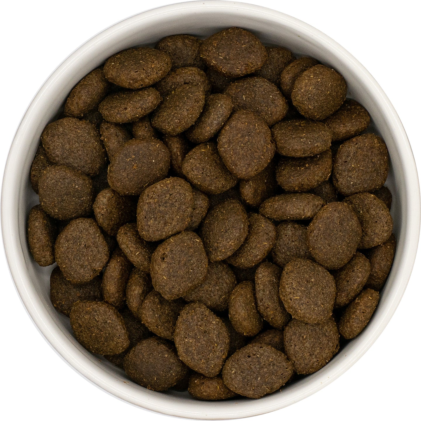A white bowl filled with Hilltop Super Premium Adult Dog Food - Salmon & Potato by Hilltop Pet Food, viewed from above.