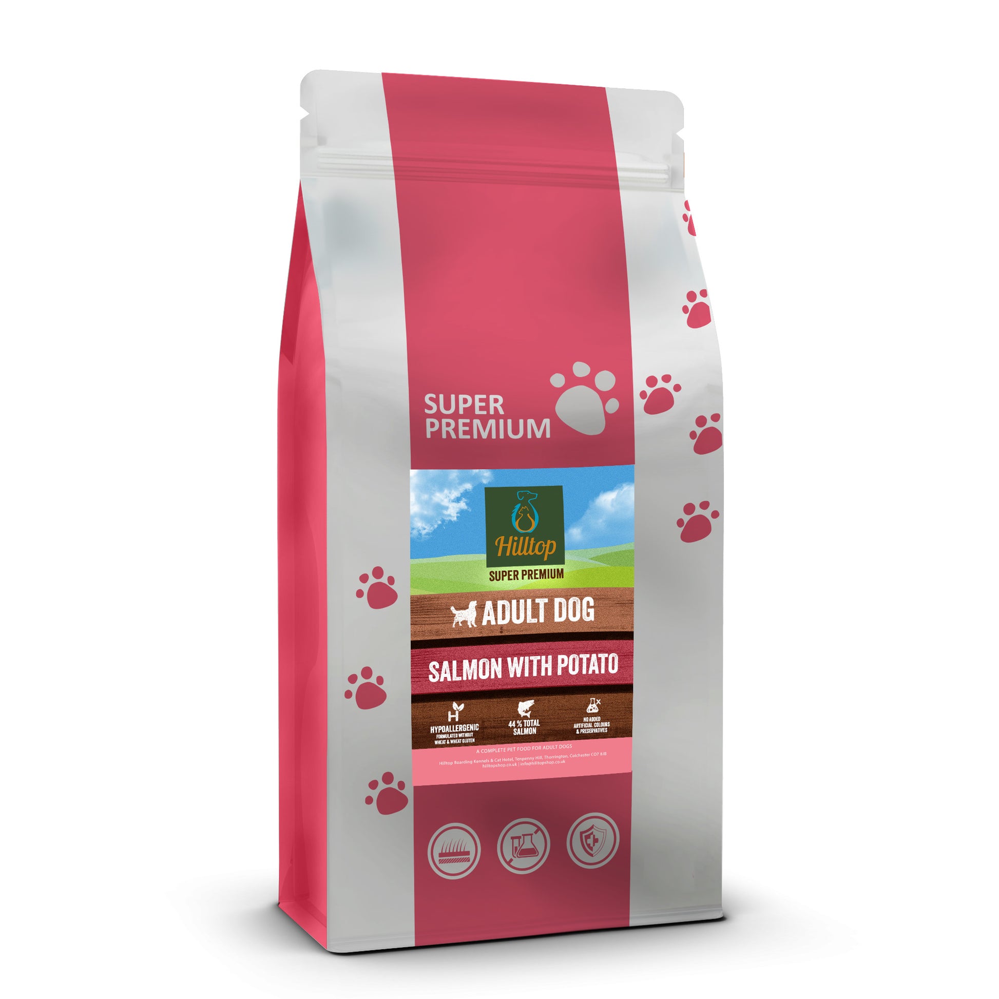 Hilltop Super Premium Adult Dog Food - Salmon & Potato in a pink and white bag with dog icons by Hilltop Pet Food.