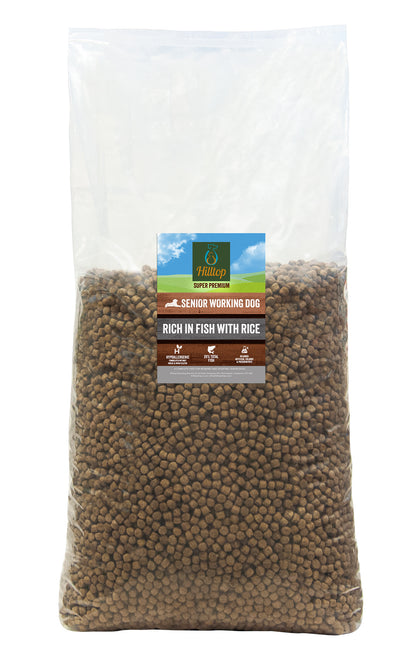 A clear bag of Hilltop Super Premium Senior/Light Dog Food, rich in fish with rice for weight control.