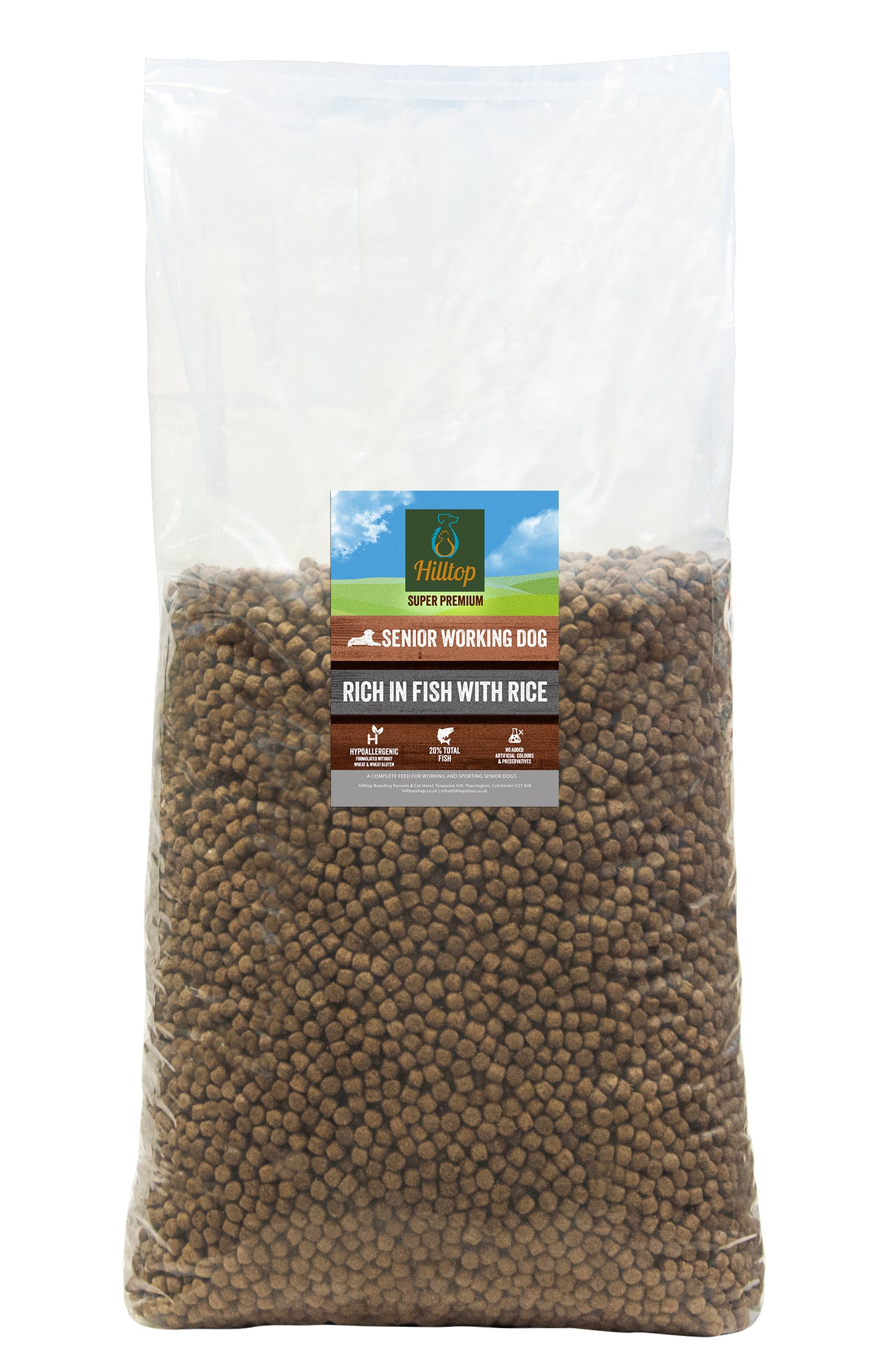 A clear bag of Hilltop Super Premium Senior/Light Dog Food, rich in fish with rice for weight control.