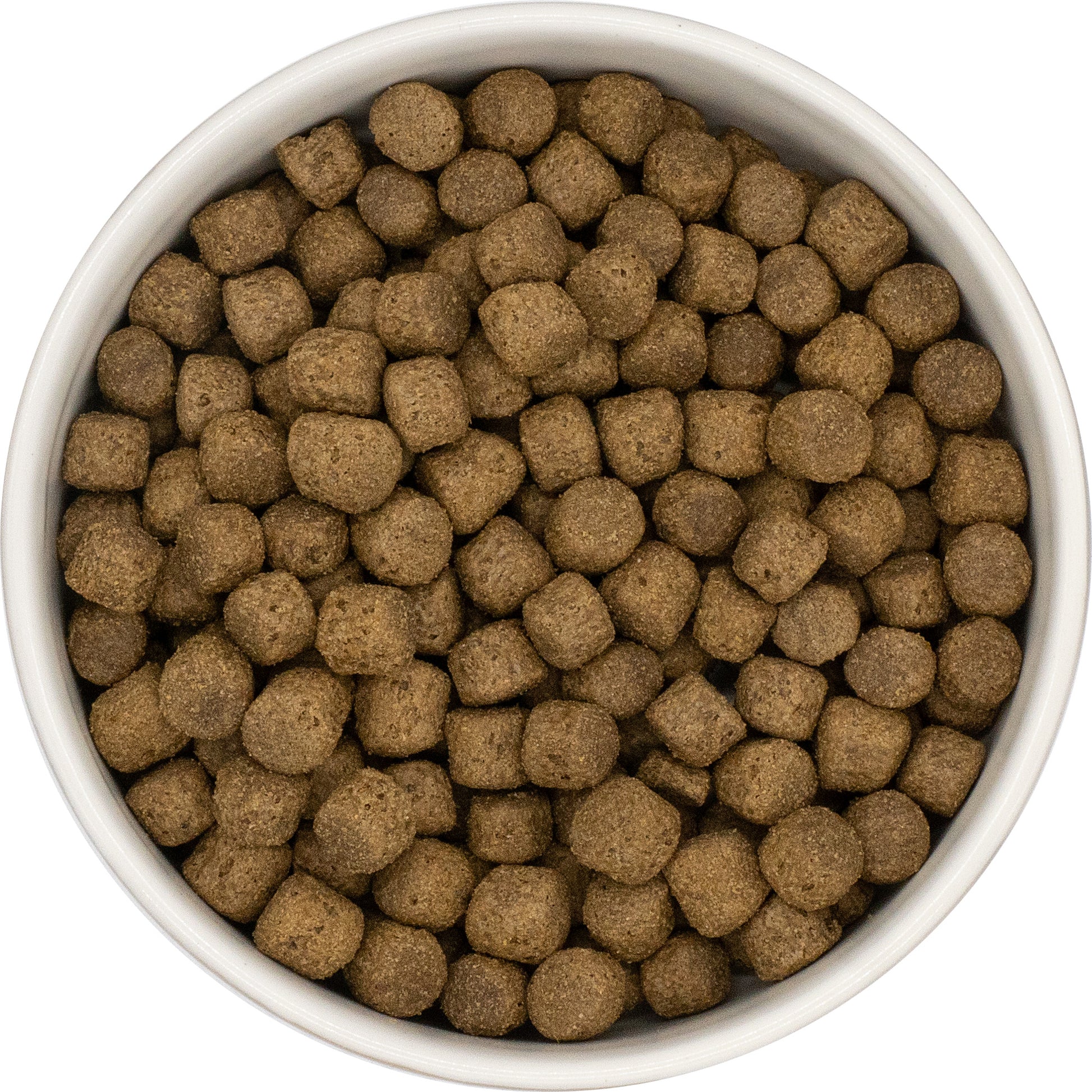 A white bowl filled with Hilltop Super Premium Senior/Light Dog Food, Rich in Fish with Rice, viewed from above.