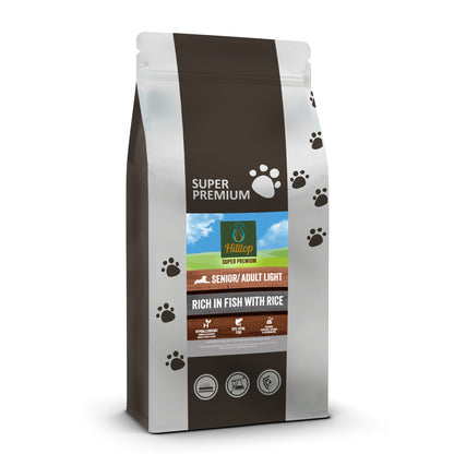 Hilltop Super Premium Senior/Light Dog Food Rich in Fish with Rice supports weight management for adult dogs.