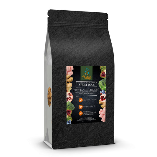 A black bag of Hilltop Pet Food Superfood 65 Dog Food—British Free Range Chicken with ginger, pomegranate & more.