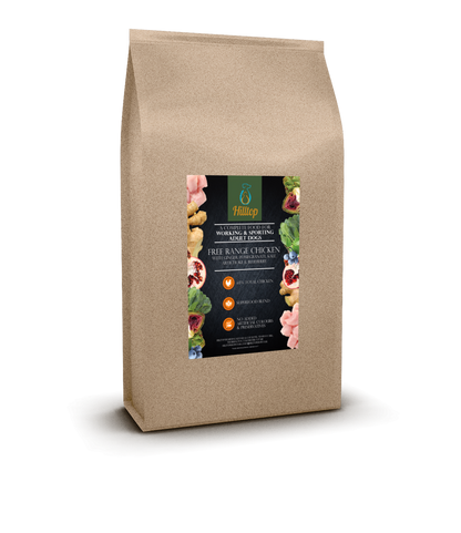 A brown bag of Hilltop Pet Food Superfood 65 Adult Dog Food, British Free Range Chicken with superfoods.