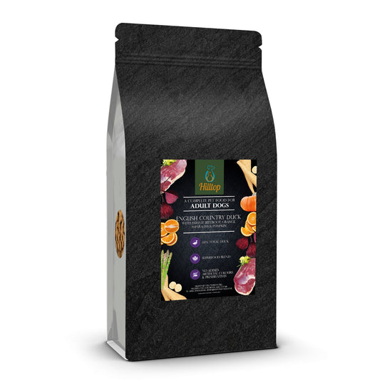 Black bag of Hilltop Superfood 65 Dog Food–English Country Duck with parsnip, beetroot, orange, asparagus & pumpkin.