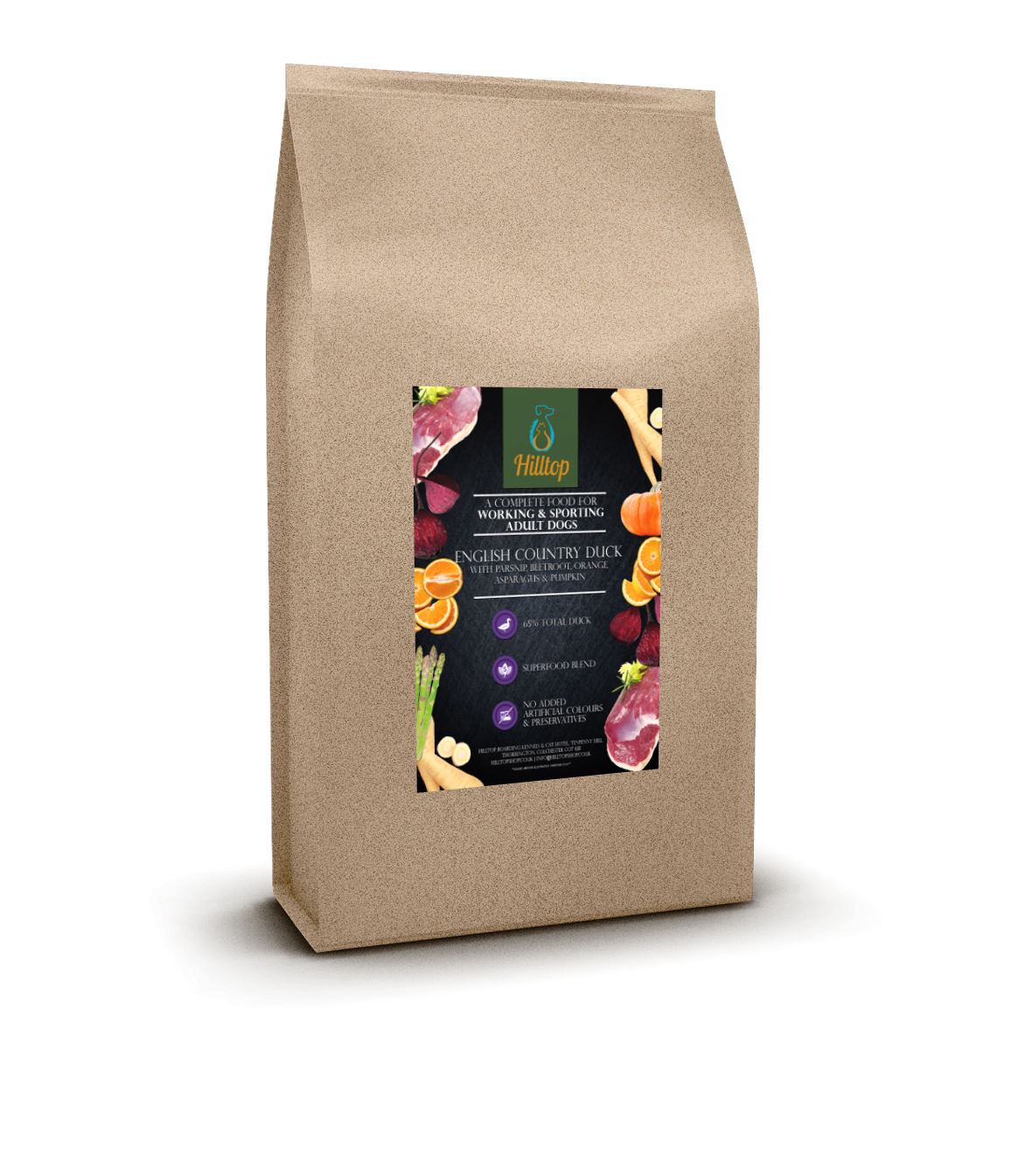 Hilltop Superfood 65 Adult Dog Food—English Country Duck with parsnip, beetroot, orange, asparagus & pumpkin.