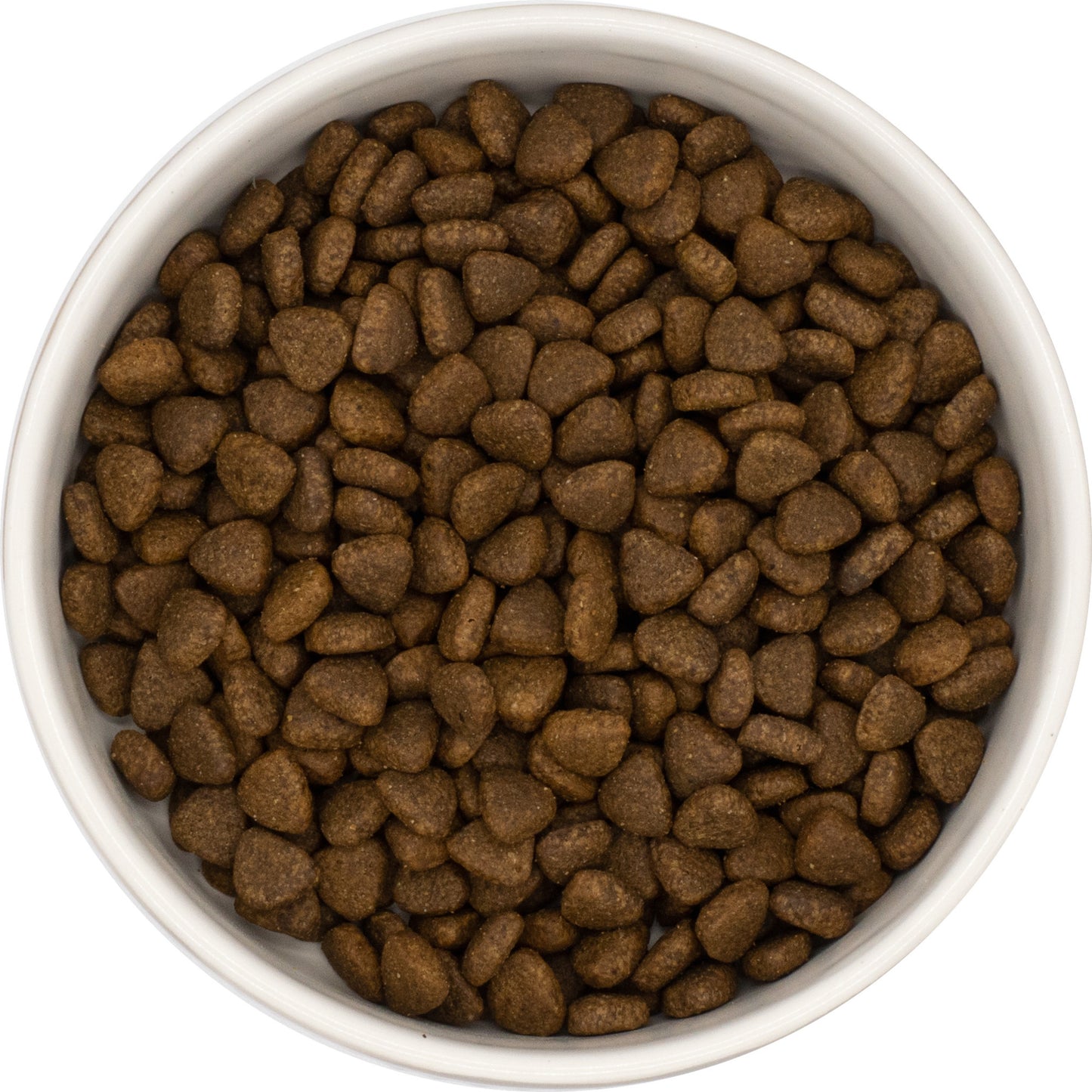 A white bowl of Hilltop Pet Food Superfood 65 Small Bite grain-free turkey & pork kibble, viewed from above.