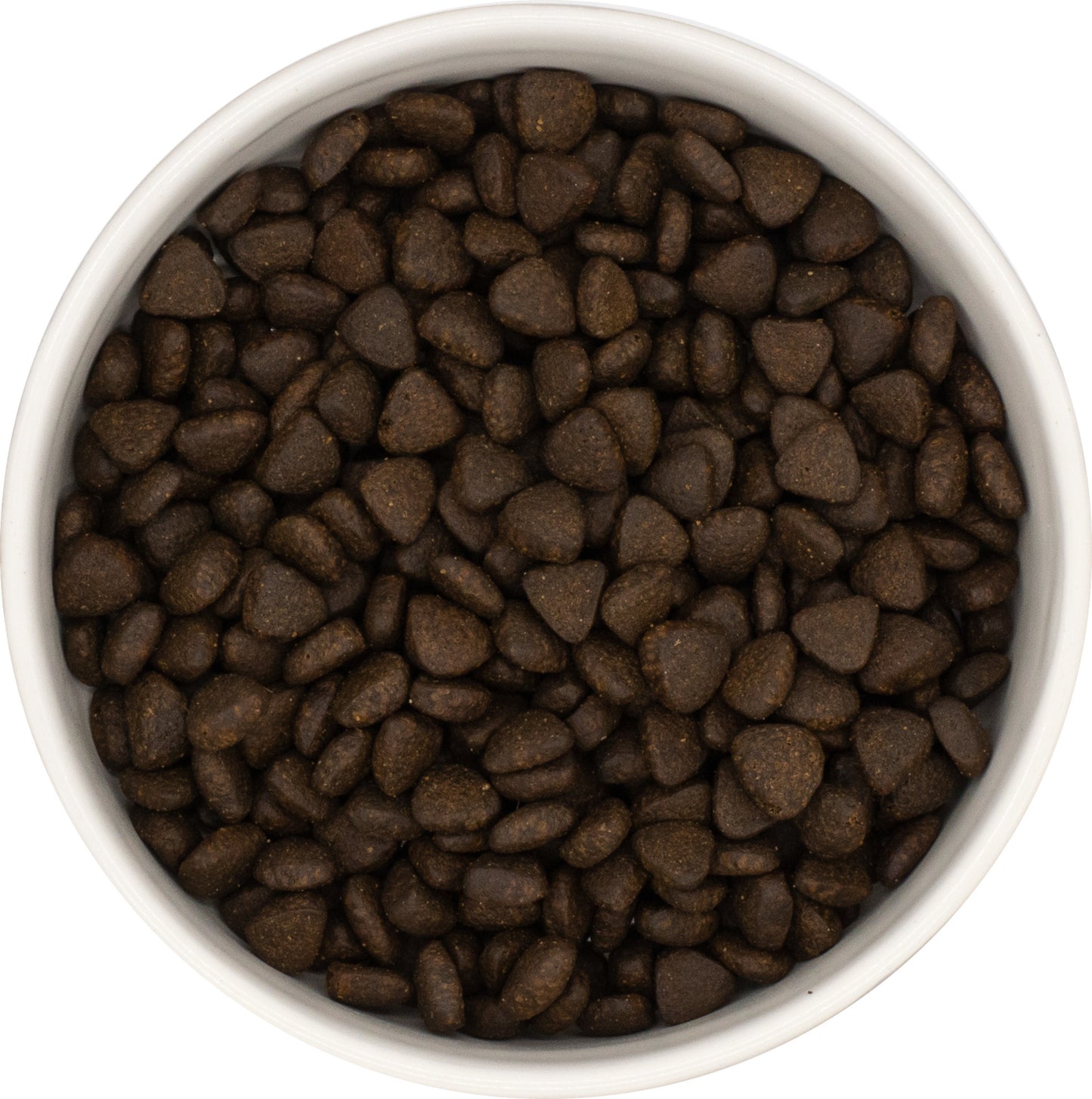 A white bowl filled with Hilltop Pet Food Superfood 65 Small Bite Scottish Salmon kibble, seen from above.