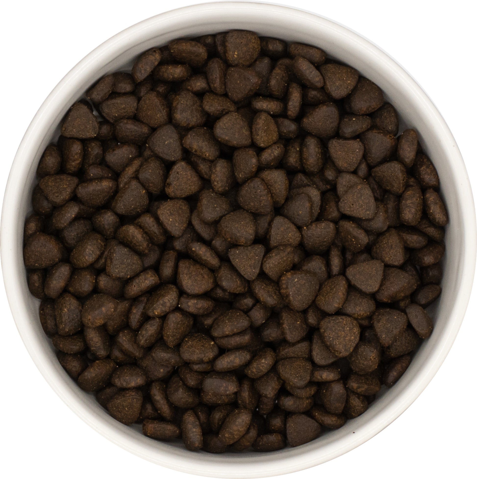 A white bowl filled with Hilltop Pet Food Superfood 65 Small Bite Scottish Salmon kibble, seen from above.