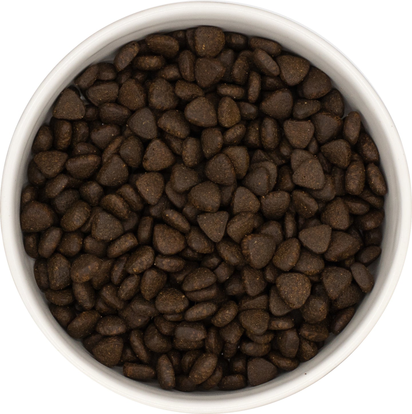 A white bowl filled with Hilltop Pet Food Superfood 65 Small Bite Scottish Salmon kibble, seen from above.