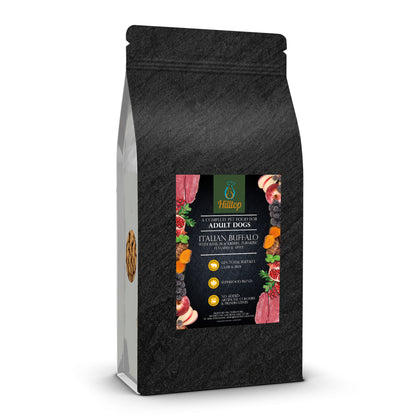 A black bag of Hilltop Pet Food Superfood 65 Adult Dog Food—Italian Buffalo with basil, blackberry, turmeric & apple.