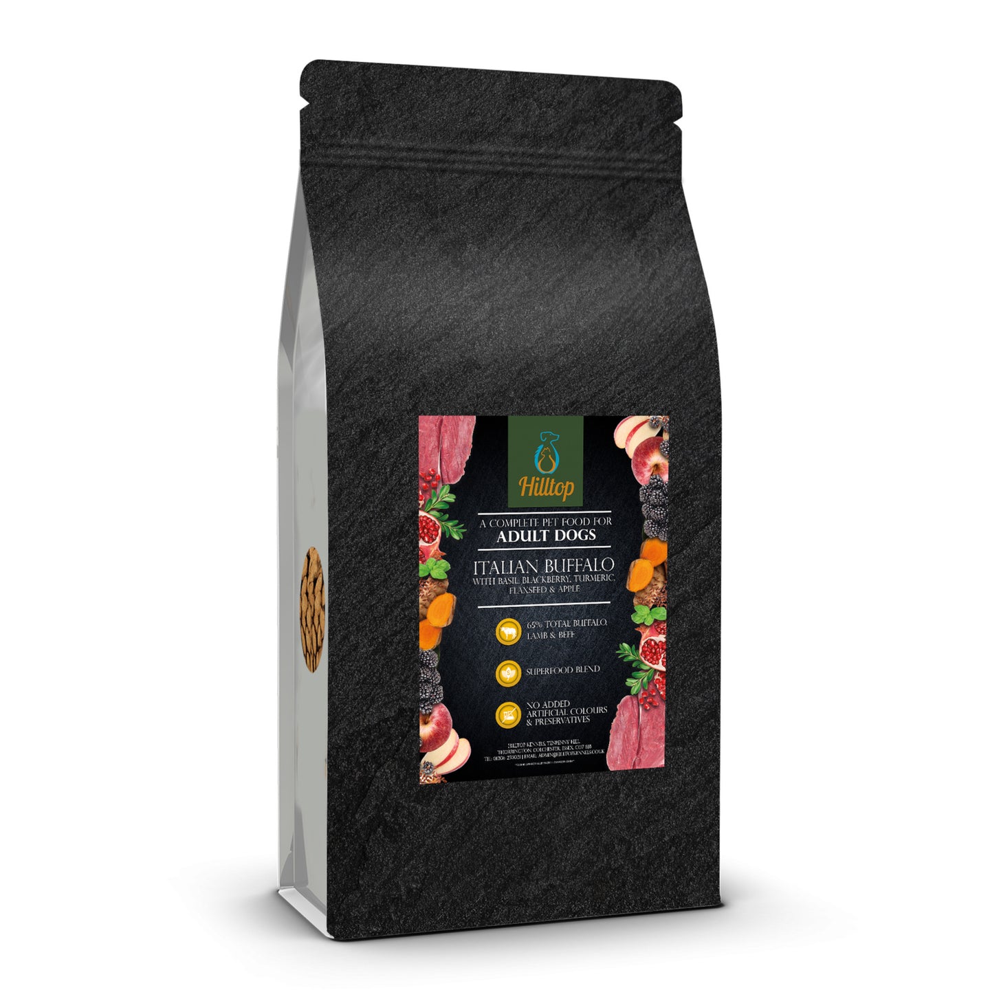 A black bag of Hilltop Pet Food Superfood 65 Adult Dog Food—Italian Buffalo with basil, blackberry, turmeric & apple.