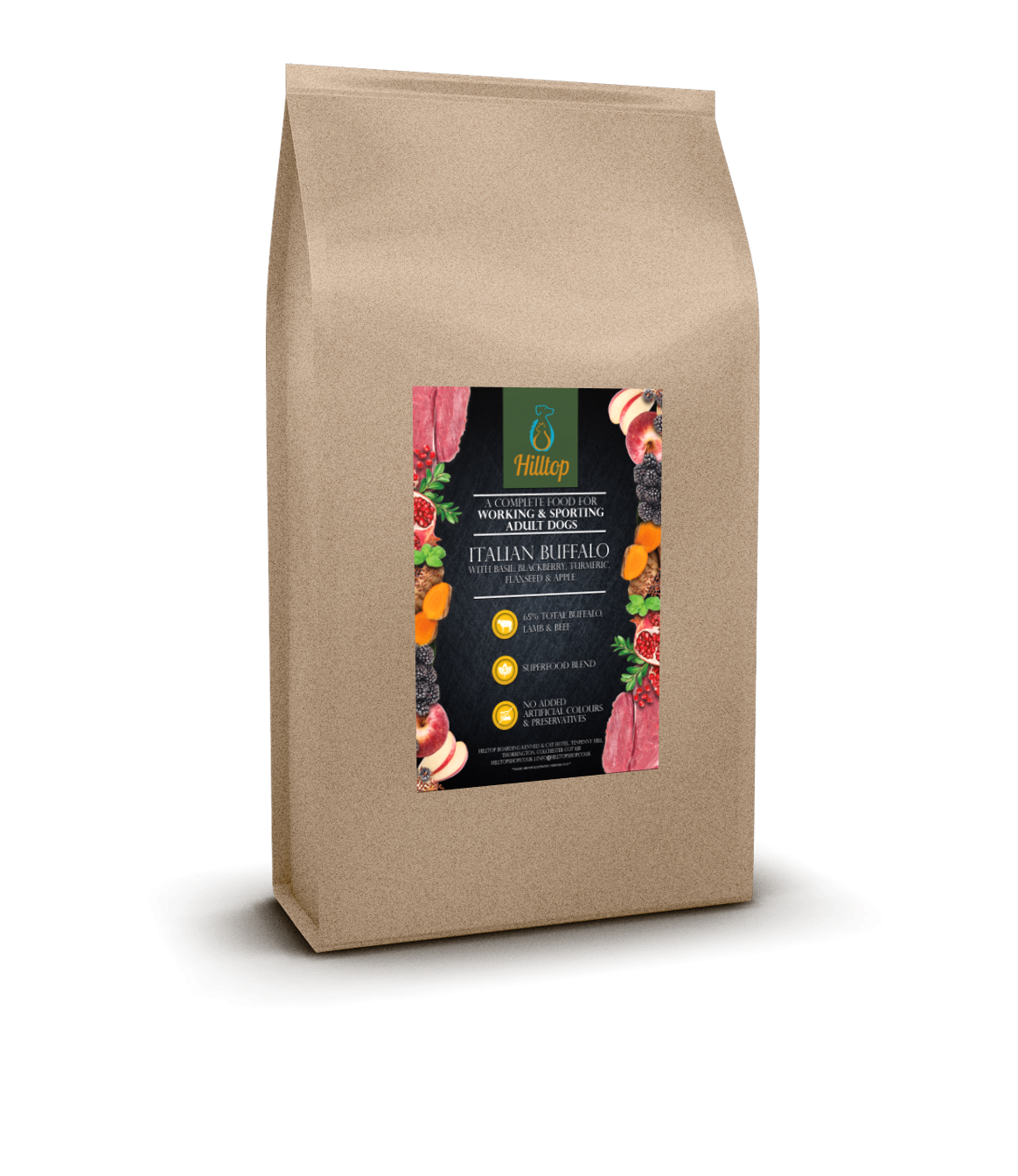 Hilltop Pet Foods Superfood 65 Adult Dog Food—Italian Buffalo, basil, blackberry, turmeric & apple in a brown bag.