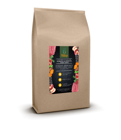 Hilltop Pet Foods Superfood 65 Adult Dog Food—Italian Buffalo, basil, blackberry, turmeric & apple in a brown bag.