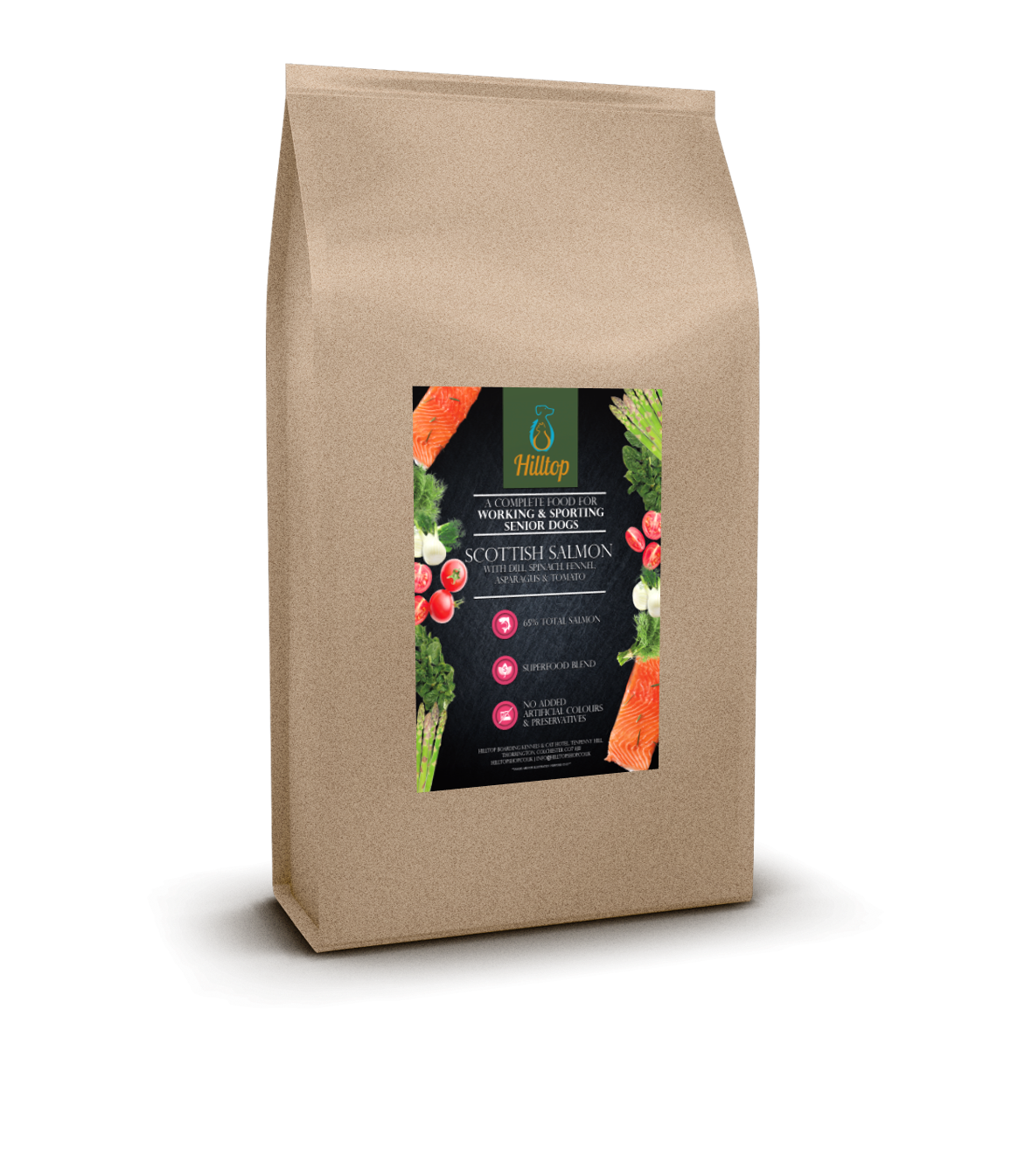 Hilltop Pet Food brown bag: Superfood 65 Senior/Light Scottish Salmon with veggies, grain-free, images on front.