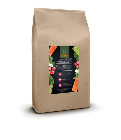 Hilltop Pet Food brown bag: Superfood 65 Senior/Light Scottish Salmon with veggies, grain-free, images on front.