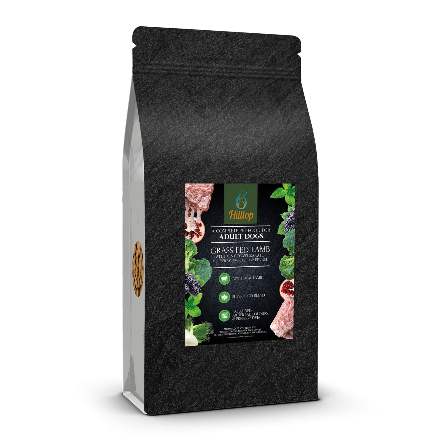 Black Hilltop Pet Food bag: Superfood 65 Adult Dog Food—British grass fed lamb with mint, pomegranate & herbs.