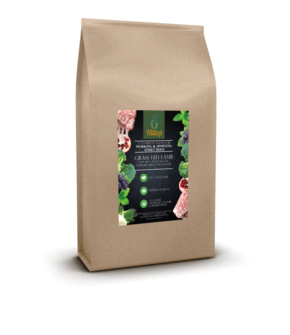 A brown bag of Hilltop Pet Food Superfood 65 British Grass Fed Lamb dog food with veggies and green icons.