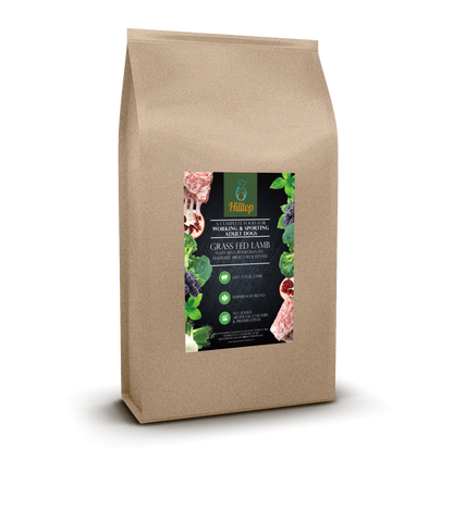 A brown bag of Hilltop Pet Food Superfood 65 British Grass Fed Lamb dog food with veggies and green icons.