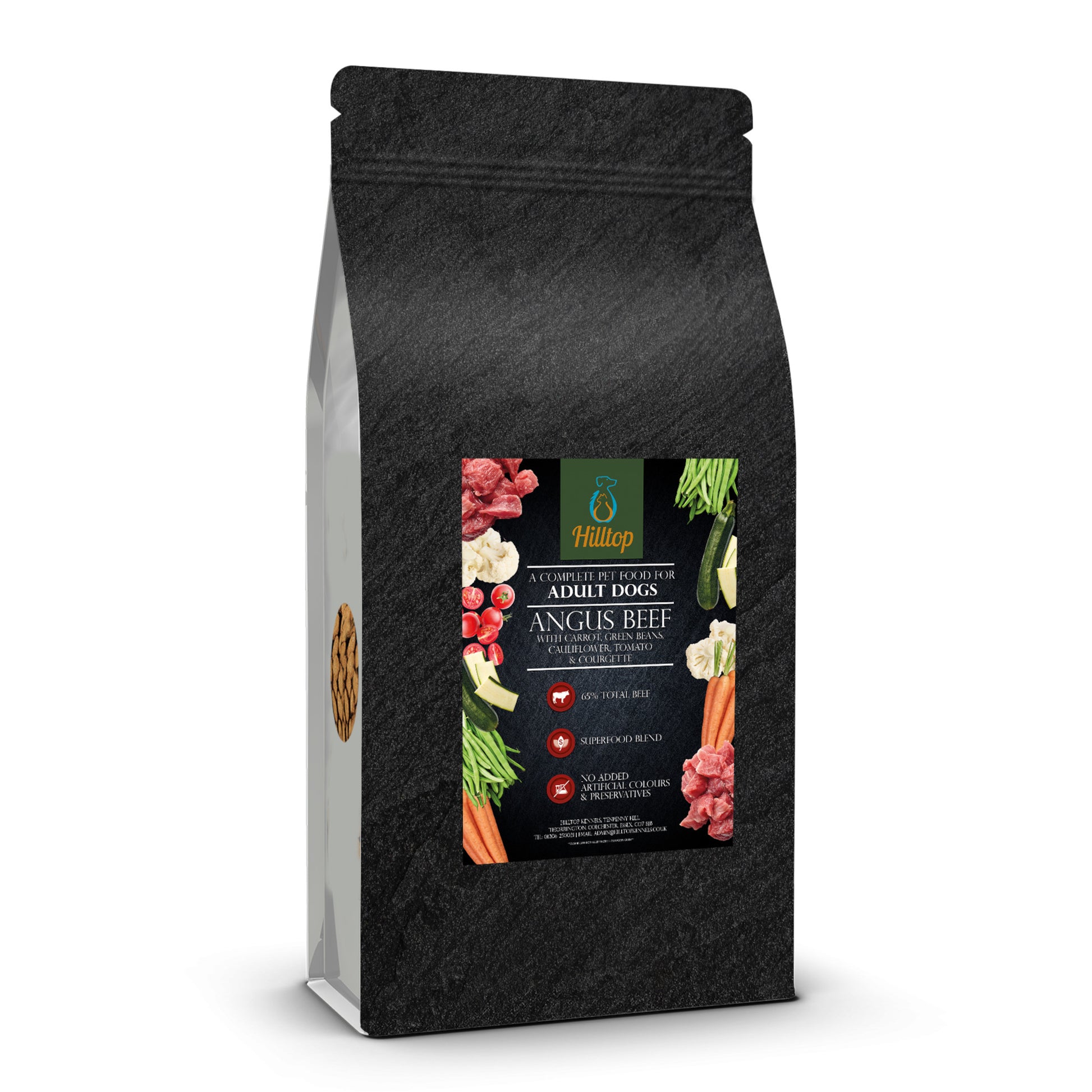 Hilltop Pet Food’s black bag Superfood 65 Adult Dog Food features Angus beef, parsley, papaya, nettle, zucchini & pumpkin.