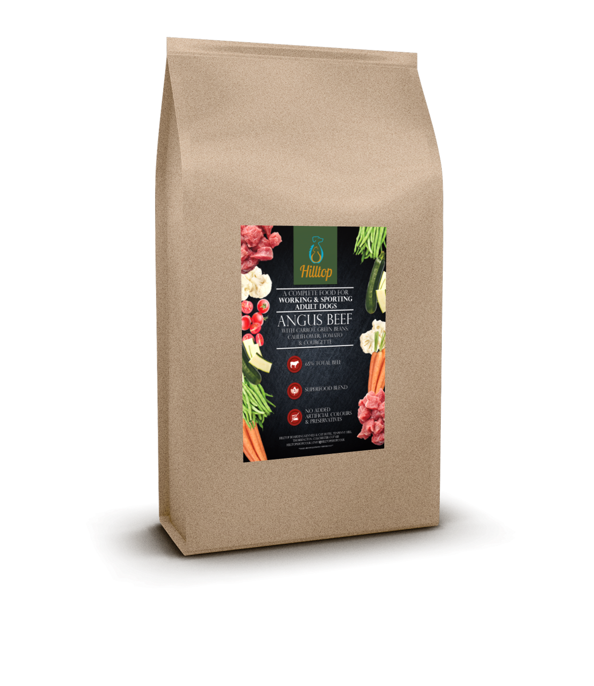A brown bag of Hilltop Superfood 65 dog food with Angus beef, veggies & fruit images, by Hilltop Pet Food.