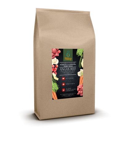 A brown bag of Hilltop Superfood 65 dog food with Angus beef, veggies & fruit images, by Hilltop Pet Food.