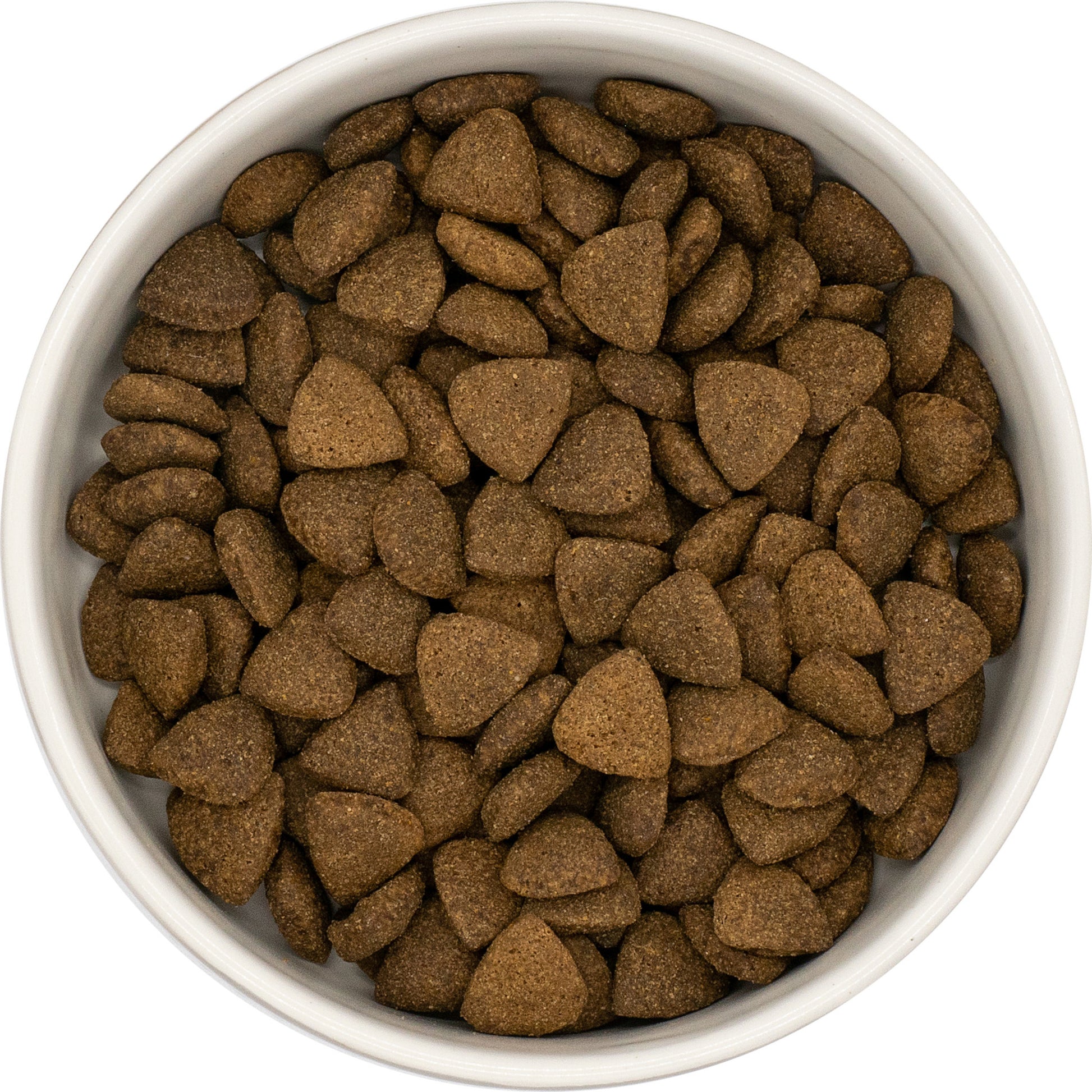 A white bowl filled with Hilltop Superfood 65 Angus Beef dog food made with parsley, papaya, nettle, zucchini & pumpkin.