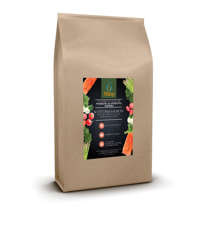 Hilltop Pet Food bag labeled Hilltop Superfood 65 Puppy, with Scottish salmon, dill, spinach, fennel & veggies on front.