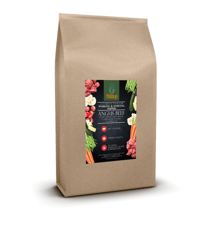 Hilltop Pet Foods Hilltop Superfood 65 Puppy Angus Beef with veggies dog food in a brown bag on a white background.
