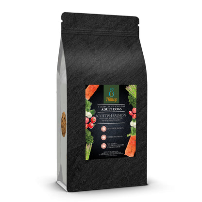 Black bag of Hilltop Superfood 65 Adult Dog Food—Scottish Salmon with dill, spinach, fennel, asparagus & tomato.