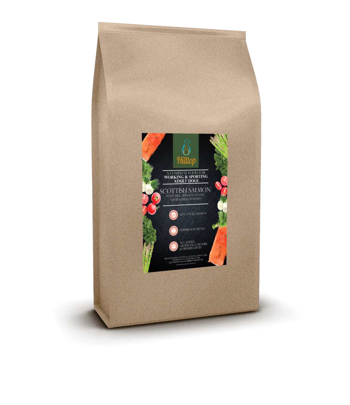 Brown paper bag of Hilltop Superfood 65 Adult Dog Food: Scottish Salmon with veggies & label details by Hilltop Pet Food.